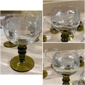 Vtg German Roemer Wine Glasses Etched Green Beehive Stem Grape MCM Set of 8